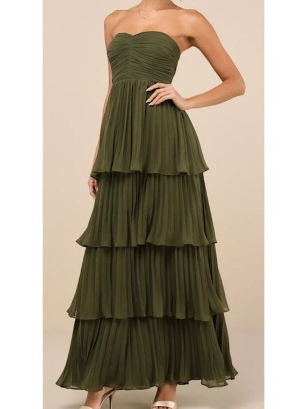 Lulus Seriously Sensational Olive Green Strapless Tiered Maxi Dress Size S NWOT
